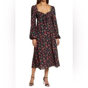 Fourteenth Place Romantic Floral‎ Sweatheart Puff Long Sleeve Tie Front Dress